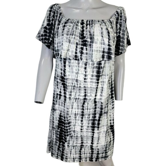 Tiered Knee Length Dress Women XL 14 Black White Scoop Neck Short Sleeve 16 Fall - Picture 12 of 12